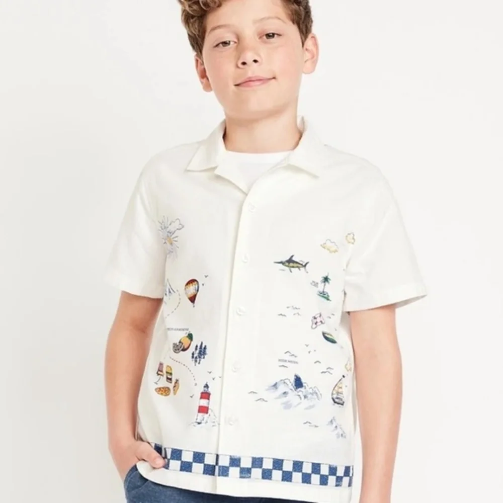 Old Navy Boys Resort Camp Shirt Travel Print Checker Trim XL 14-16